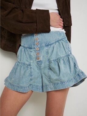Free People Light Blue Tiered Button-Front Denim Shorts